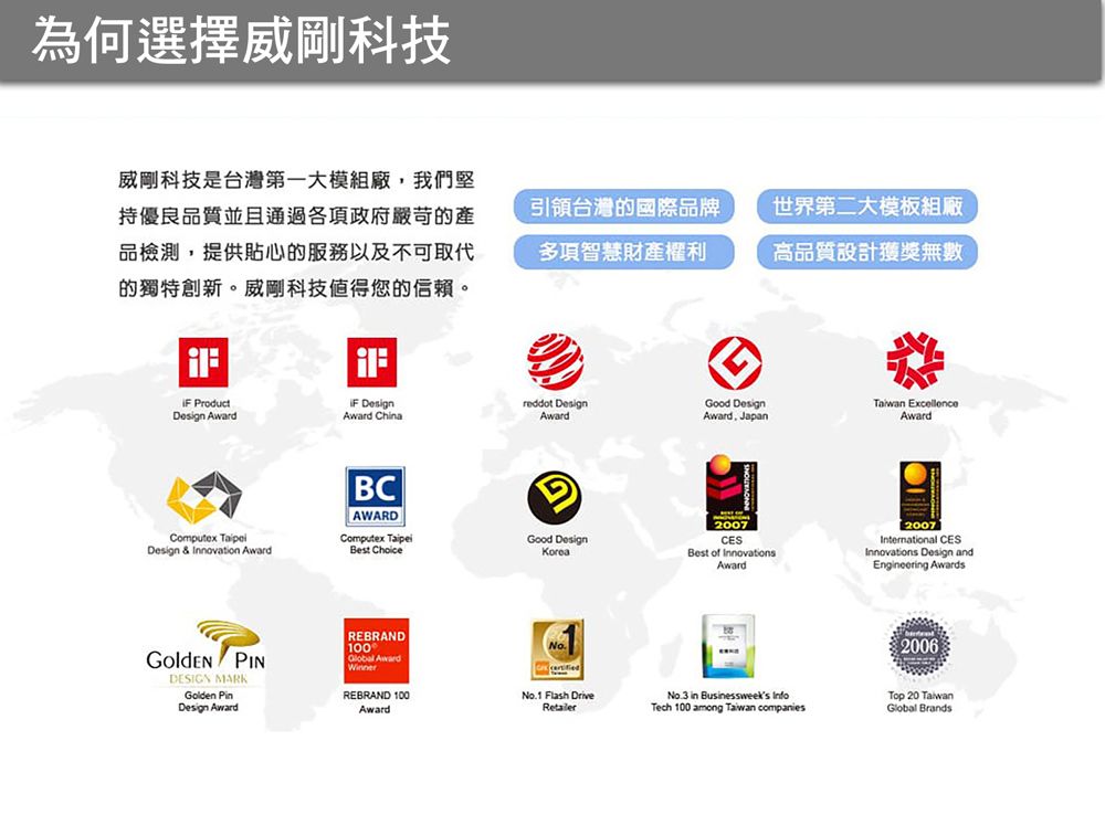 為何選擇威剛科技威剛科技是台灣第一大模組廠,我們堅持優良品質並且通過各項政府嚴苛的品檢測,提供貼心的服務以及不可取代的獨特創新。威剛科技值得您的信賴。引領台灣的國際品牌世界第二大模板組廠多項智慧財產權利高品質設計獲獎無數 Product DesignDesign Award Chinareddot DesignAwardGood Design ExcellenceAward, JapanAwardComputex Design & Innovation AwardBCAWARDComputex Best Choice PINDESIGN MARKGolden PinDesign AwardREBRAND100 AwardGood DesignKorea2007CESBest of InnovationsAward2007International CESInnovations Design andEngineering Awards2006REBRAND 100AwardNo.1 Flash DriveTech 100 among Taiwan companiesNo.3 in Businessweeks InfoTop 20 TaiwanGlobal Brands