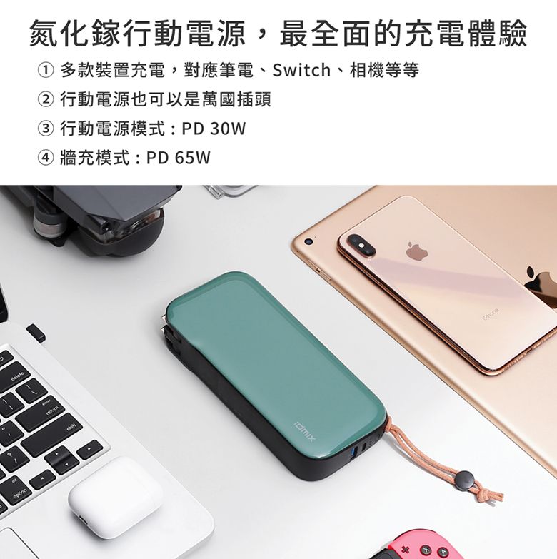 氮化鎵行動電源,最全面的充電體驗① 多款裝置充電,對應筆電、Switch、相機等等② 行動電源也可以是萬國插頭③ 行動電源模式:PD30W④牆充模式:PD 65W
