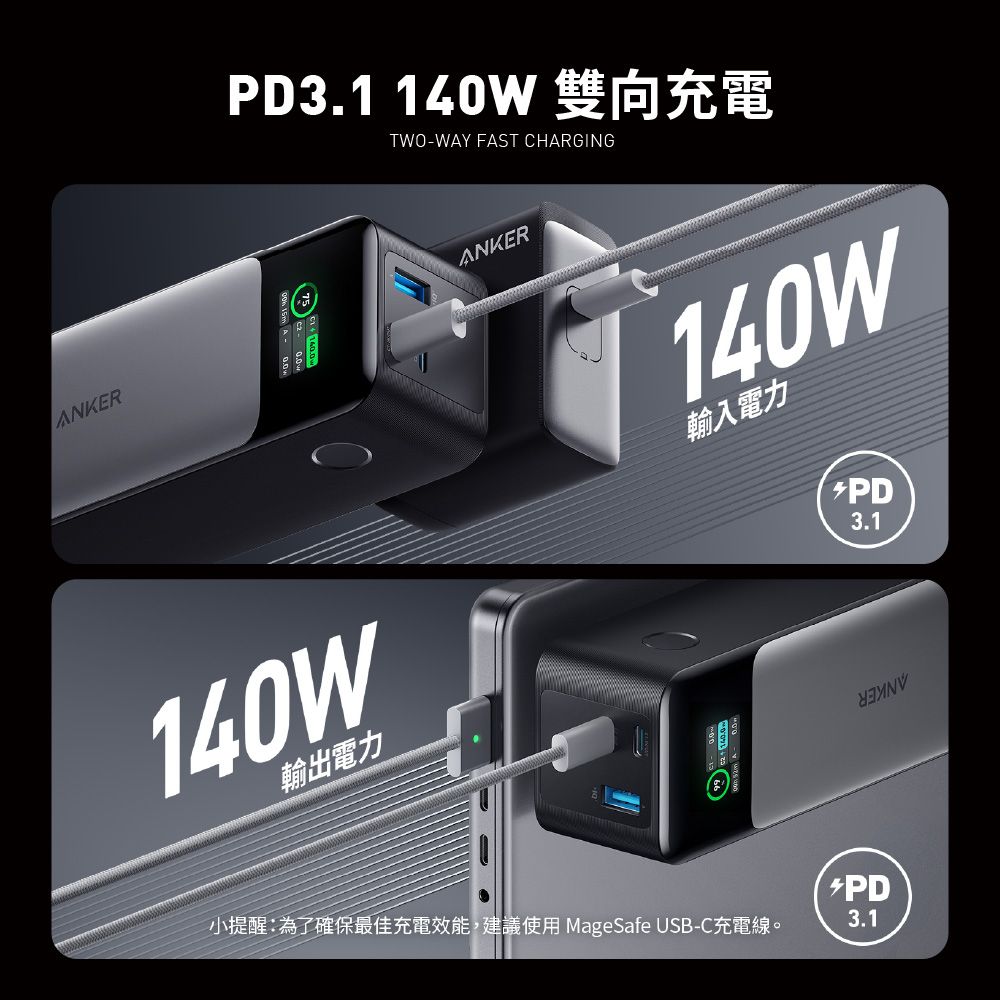 ANKERPD3.1 140W  15m  TWO-WAY FAST CHARGINGANKER140W輸入電力140W輸出電力小提醒:為了確保最佳充電效能,建議使用 MageSafe USB-C充電線。PD3.1PD3.1