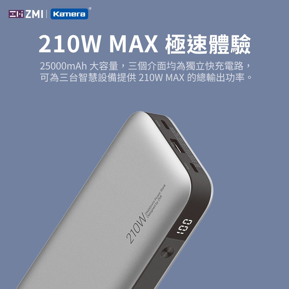 ZMI  20號 210W 25000mAh PD QC 100W雙向快充 三孔獨立快充電路 行動電源 QB826G