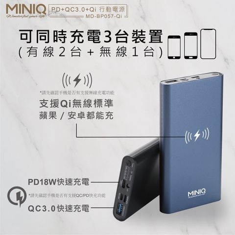 台灣製造 MINIQ PD+QC+10W無線快充行動電源/LED照明燈 (海軍藍)