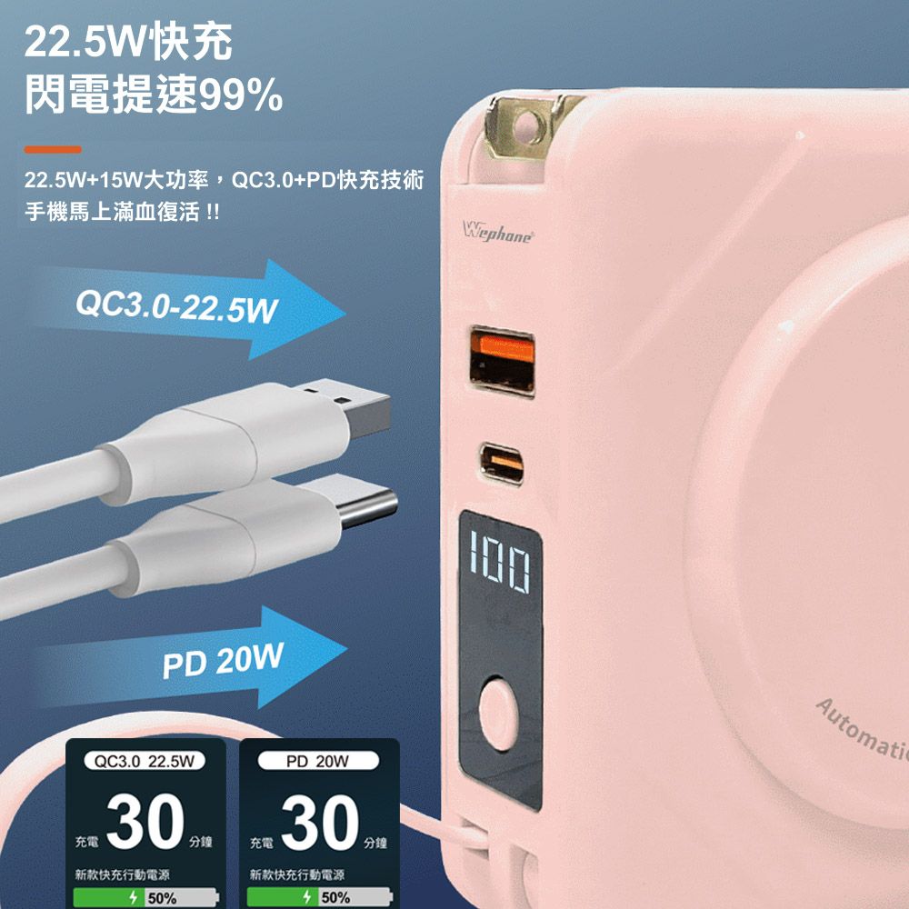  【Wephone】數顯自帶線行動電源+充電頭+15W磁吸無線充電(QC/PD快充)