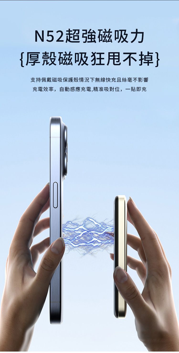 N52超強磁吸力{厚殼磁吸狂甩不掉}支持佩戴磁吸保護殼情況下無線快充且絲毫不影響充電效率,自動感應充電,精准吸對位,一貼即充