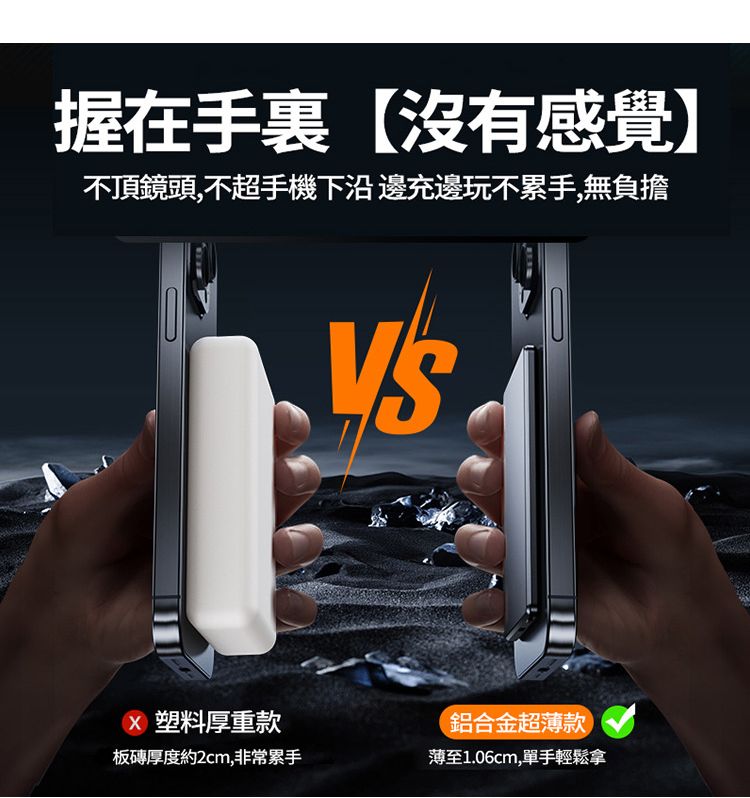 握在手裏【沒有感覺】不頂鏡頭,不超手機下沿邊充邊玩不累手,無負擔 塑料厚重款板磚厚度約2cm,非常累手鋁合金超薄款薄至1.06cm,單手輕鬆拿