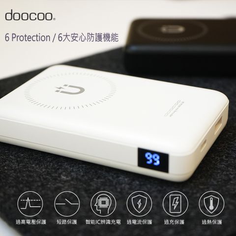 【doocoo】20W LED數位顯示/磁吸式雙孔無線快充行動電源(台灣製造)