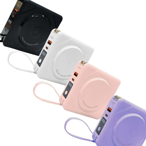 【Wephone】數顯自帶線行動電源+充電頭+15W磁吸無線充電(QC/PD快充) 櫻花粉