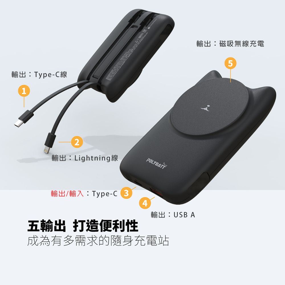 POLYBATT 【療癒貓咪】22W 磁吸式無線/自帶線/快充行動電源(贈送一體成型插座充電線) 黑貓