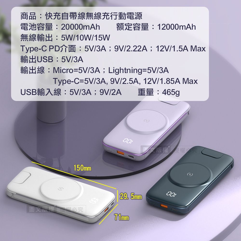 商品快充自帶線無線充行動電源電池容量20000mAh 額定容量:12000mAh5W/10W/15WTypeC : 5V/3A 9V/2.22A 12V/1.5A USB: 5V/3AMicro5V/3A Lightning5V/3AType-C-5V/3A, 9V/2.5A, 12V/1.85A MaxUSB 5V/3A  9V/2A 重量:465g150mm29. 5mm圖文71mm圖文版權 究