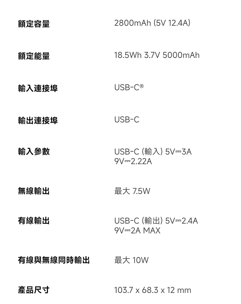 額定容量2800mAh (5V 12.4A)額定能量輸入連接埠18.5Wh 3.7V 5000mAhUSB-C ®輸出連接埠USB-C輸入參數無線輸出有線輸出USB-C (輸入) 5V=3A9V=2.22A最大 7.5WUSB-C (輸出)5V=2.4A9V=2A MAX有線與無線同時輸出最大 10W產品尺寸103.7 x 68.3 x 12 mm