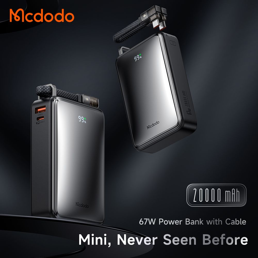 Mcdodo 麥多多 PD 67W急速 3孔(2C1A)+20000mAh+數顯+自帶60W線+行動電源(黑)_可充手機/筆電/平板/Switch