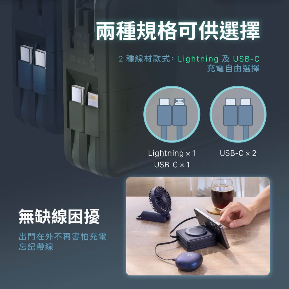 兩種規格可供選擇2種線材款式,Lightning 及 USB-C充電自由選擇無缺線困擾出門在外不再害怕充電忘記帶線Lightning × 1USB-C  2USB-C  1