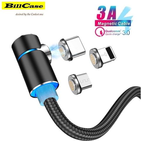 Bill Case 2019 全新 第三代 360度旋轉 3合1 強力磁吸 Type-C, Lightning, Micro-USB QC3.0+ 3A 18W Max 極速快充數據線-100公分