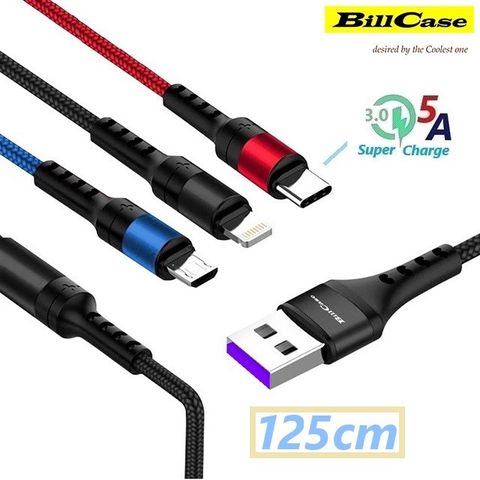 經典 閃5 三色合一 天際線 雙協議Lightning,Type-C, Micro-USB QC閃充數據線125公分