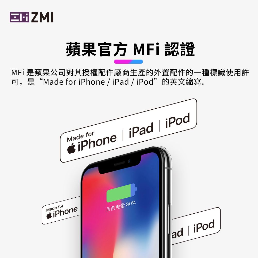 ZMI MFI認證 USB-A to Lightning 充電/傳輸線 1M 支援iPhone 5-14全系列 iPhone/iPad適用