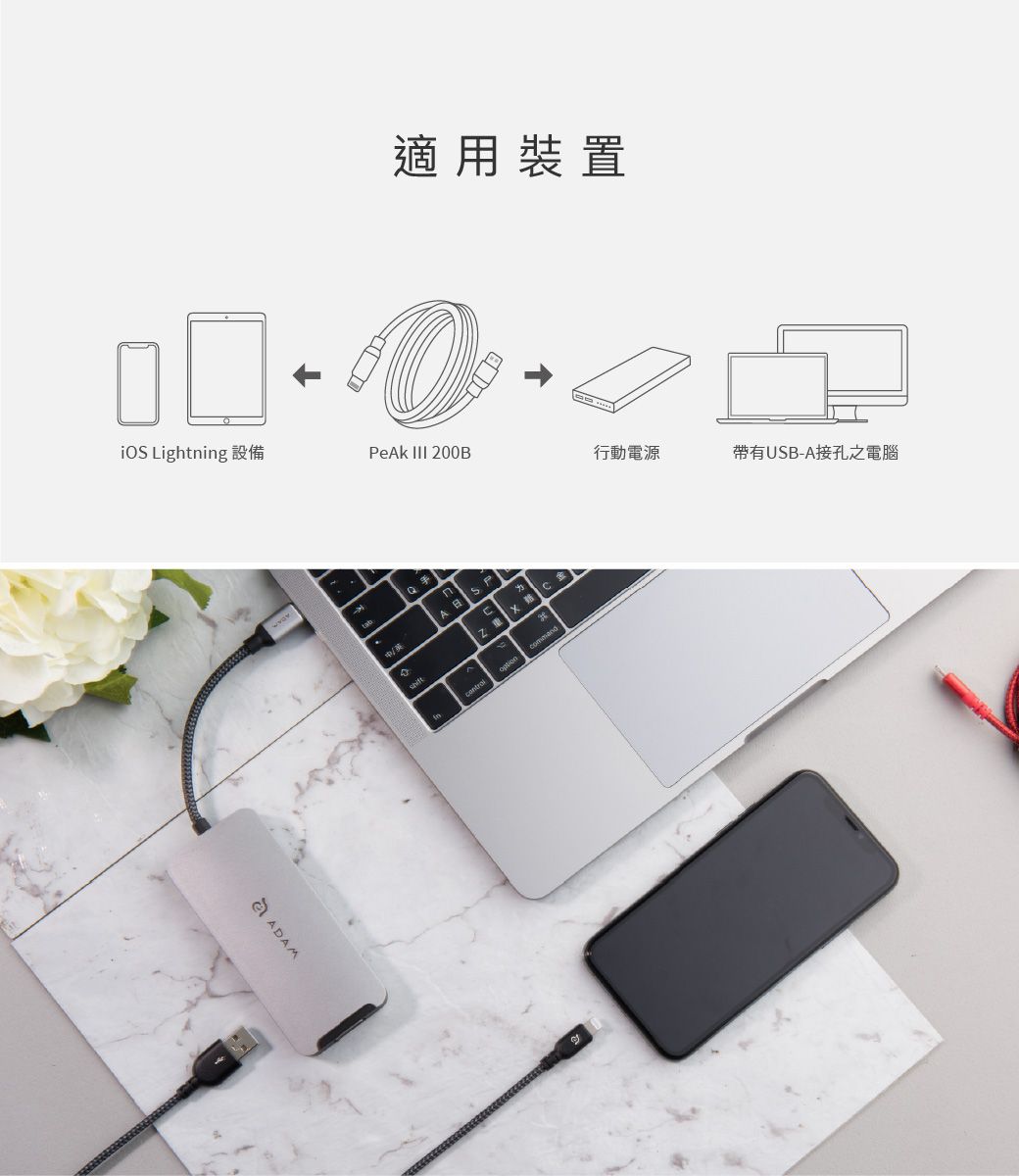 適用裝置i Lightning 設備Peak III 200B行動電源带有USB-A接孔之電腦ADAMOAS 金command