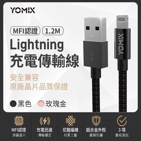 YOMIX 優迷 Lightning MFi認證 高速充電雙色編織傳輸線1.2M