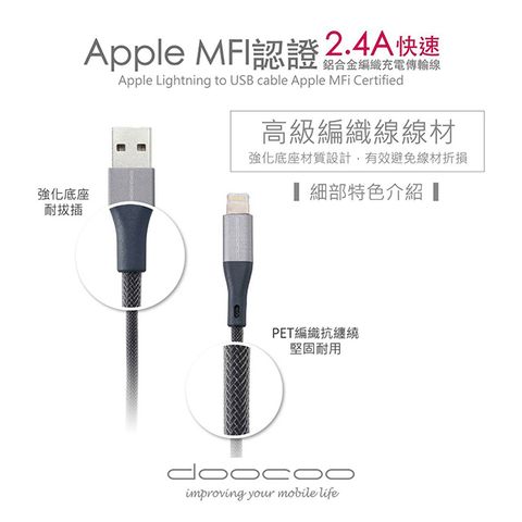 【doocoo】Apple Lightning MFi 鋁合金編織充電傳輸線-120CM