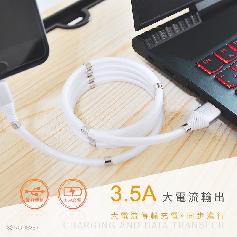 資料傳輸3.5A充電RONEVER3.5A電流輸出大電流傳輸充電。同步進行CHARGING AND DATA TRANSFEREscF1