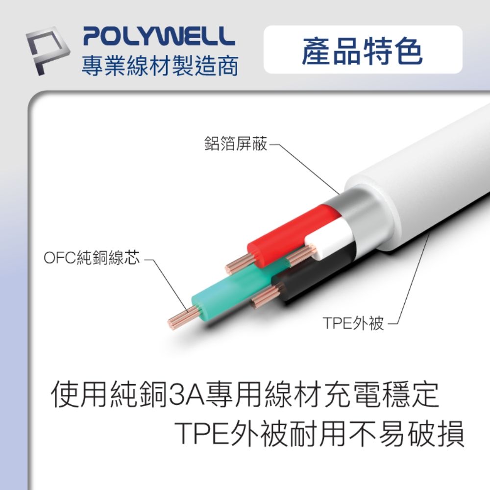 POLYWELL 寶利威爾 USB Type-A To Lightning 3A 12W 充電傳輸線 2M