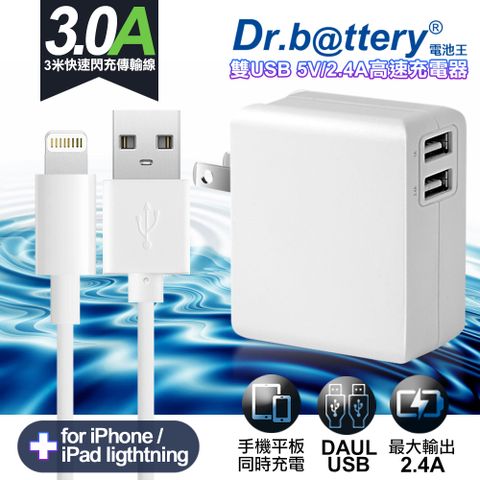 通過標檢局安規認證 Dr.battery電池王5V 2.4A雙輸出USB充電器+ USB to Lightning iphone/ipad充電線300cm