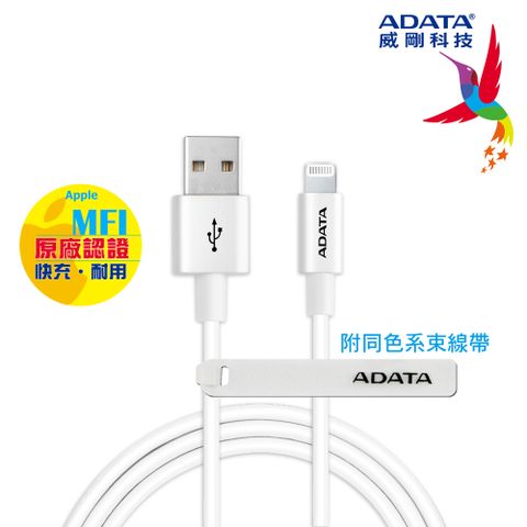 【ADATA 威剛】USB-A to LightningMFi Lightning 充電傳輸線100cm(珍珠白)