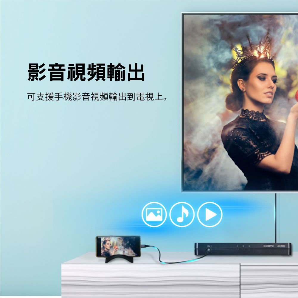 影音視頻輸出可支援手機影音視頻輸出到電視上。HDMI