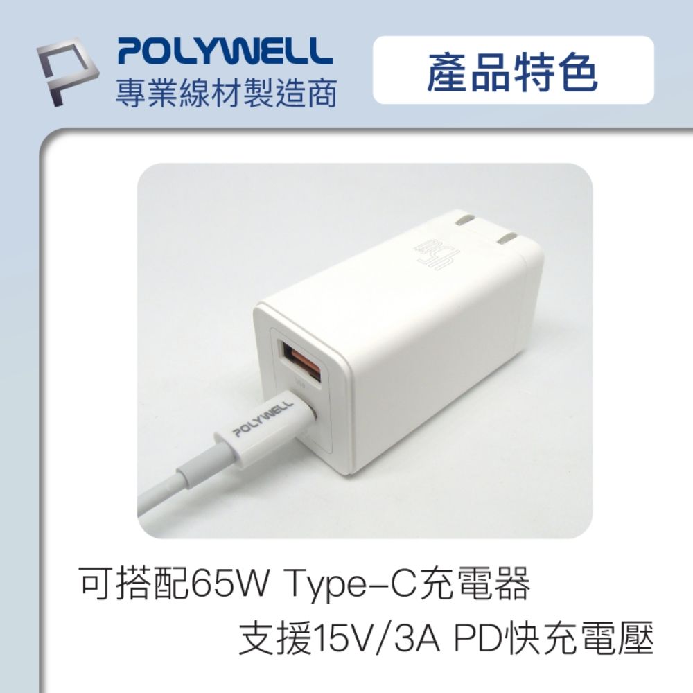 POLYWELL 寶利威爾 Type-C To Type-C 3A 45W PD快充傳輸線 2M