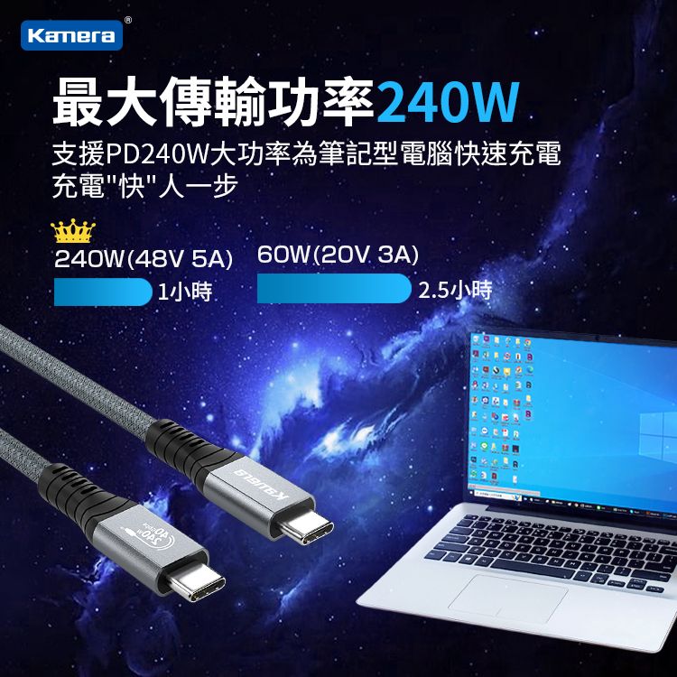 Kamera 佳美能  USB4 Gen3x2 40Gbps EPR 240W PD3.1 雙向USB-C快充 充電傳輸線 (1M)