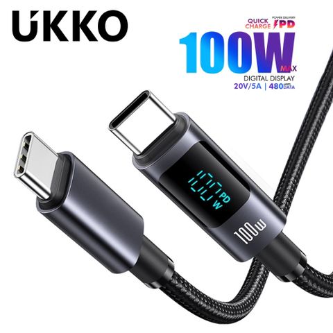 UKKO 急速 PD 100W 數位顯示充電編織傳輸線 1.2m (黑)