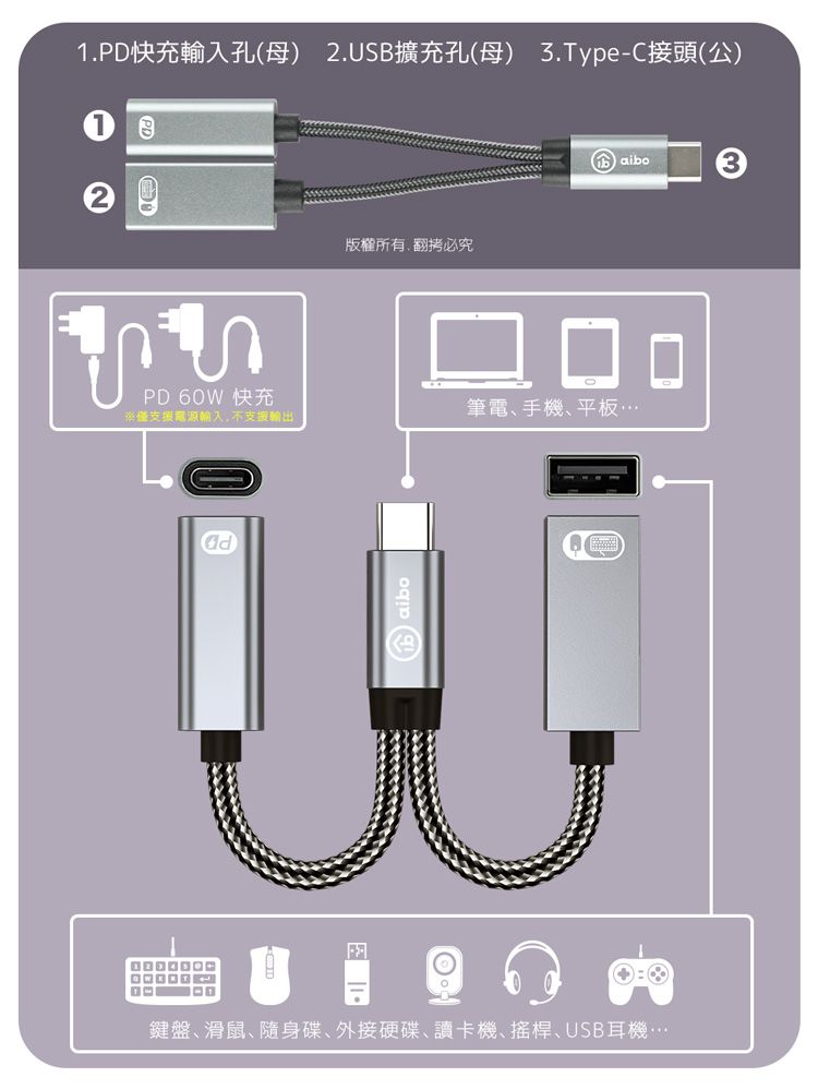 aibo  Type-C 轉 USB & Type-C 擴充轉接線 (PD60W快充)