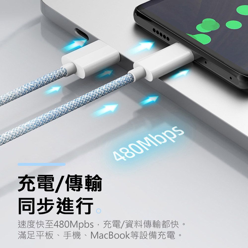  3入 新iPhone 15 雙Type-C(USB-C)充電線/彩色編織傳輸線-100cm 快充線