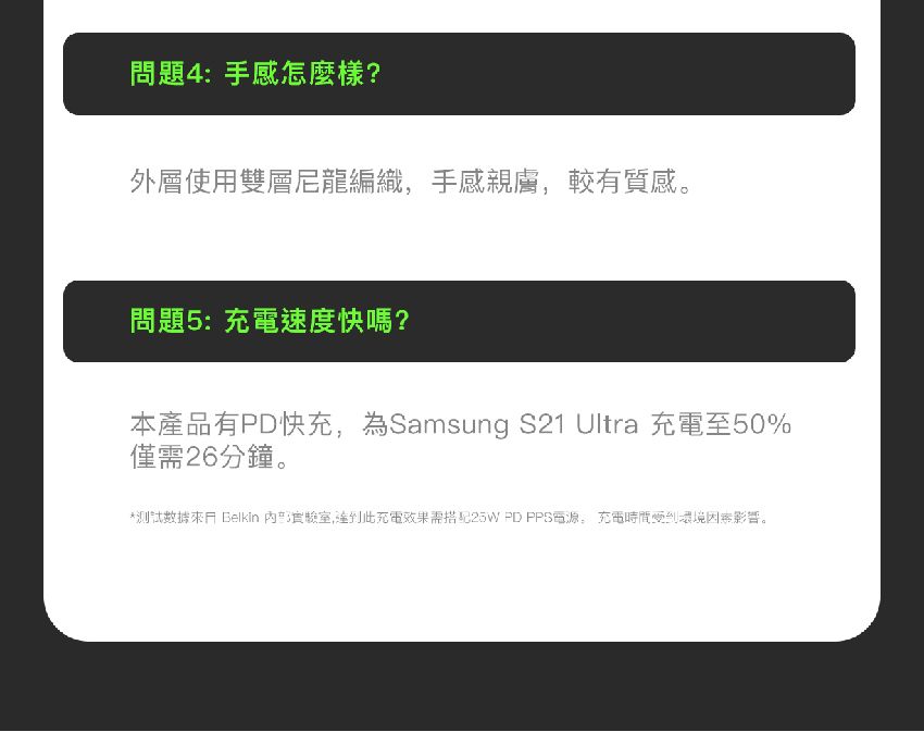 問題4: 手感怎麼樣?外層使用雙層尼龍編織手感親膚,較有質感。問題5: 速度快嗎?本產品有PD快充,為Samsung S21 Ultra 至50%僅26分鐘。*測試數據 Belkin 實驗室,達到充電效果需 PD PPS,充電時間受到環境因素影響。
