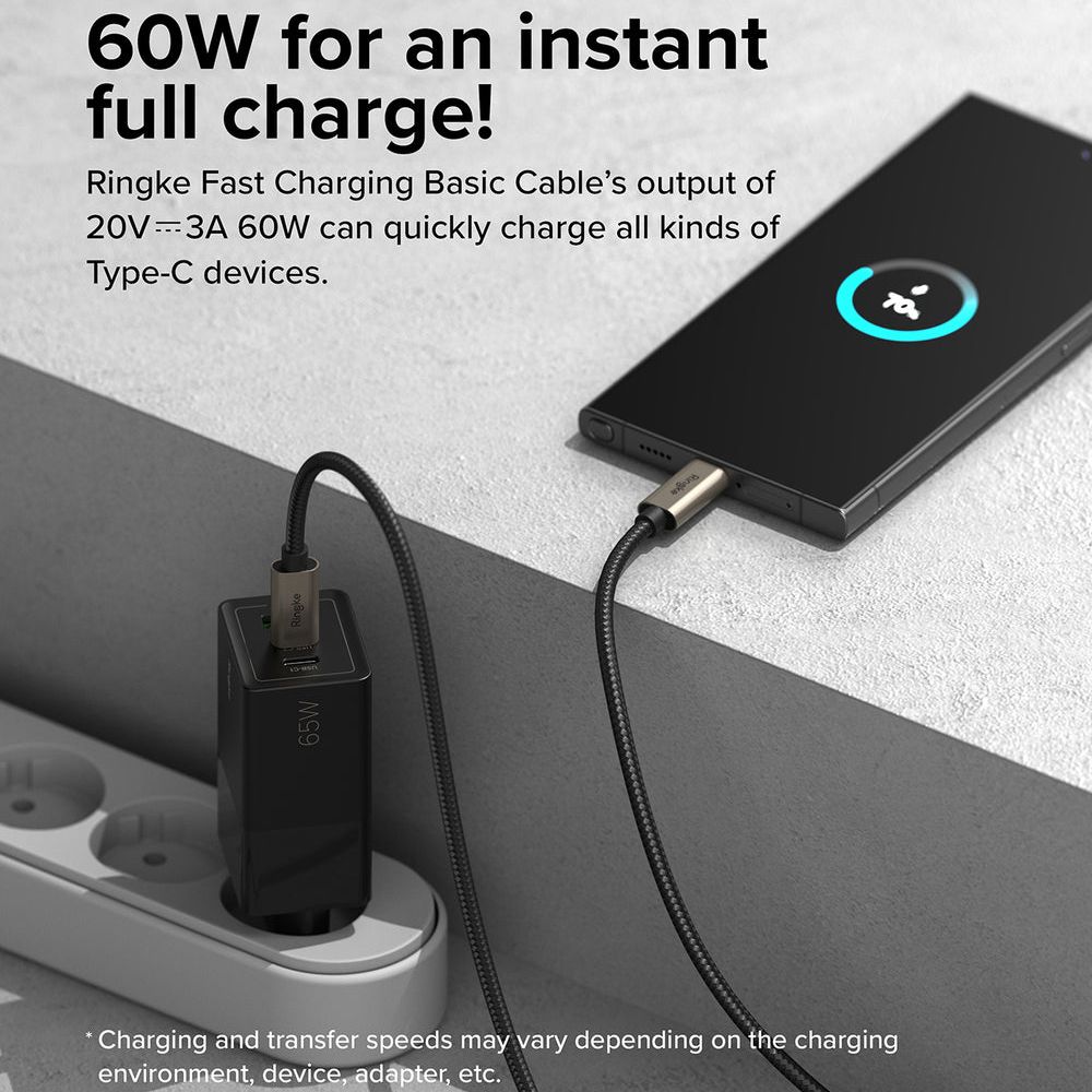 Ringke Fast Charging Basic Cable USB-C Type-C to Type-C 480Mbps PD3.0 60W 3A 快充數據傳輸充電編織線附束線帶