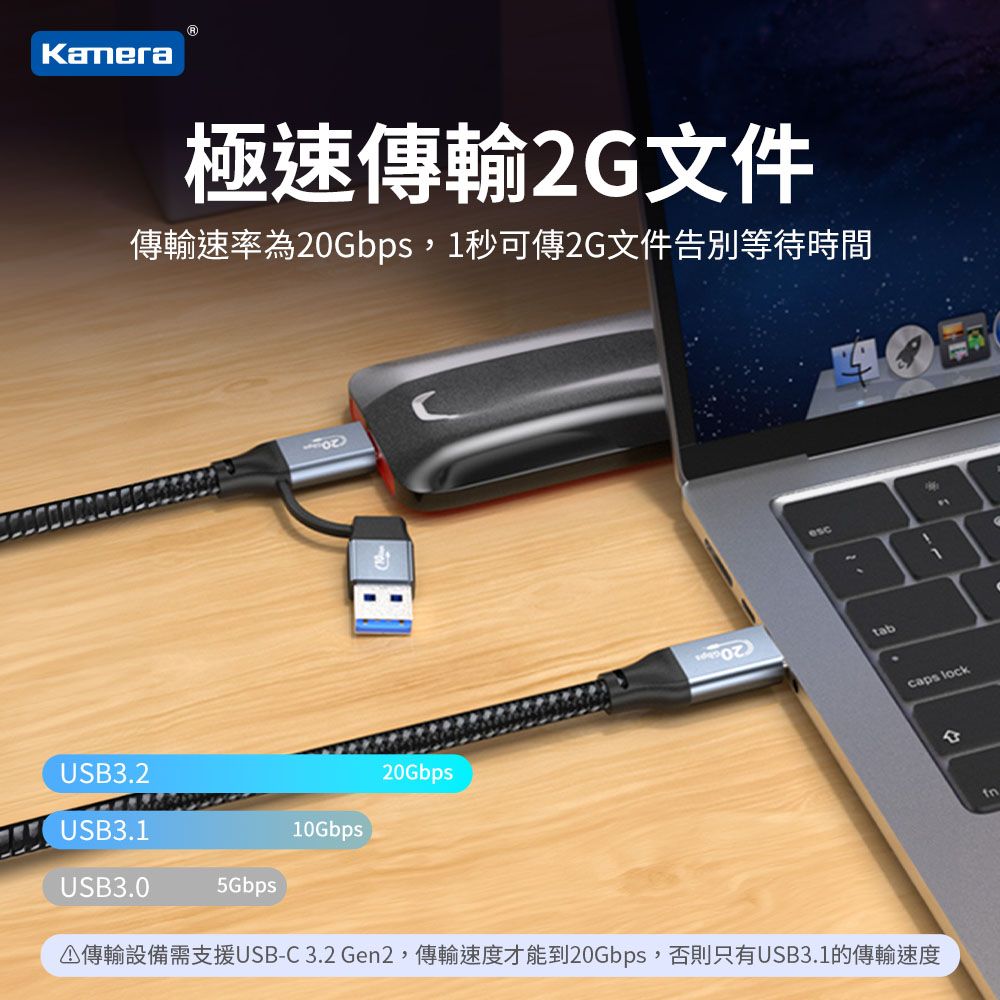 Kamera 佳美能 USB-A/USB-C to USB-C 公對公 二合一 快速充電編織傳輸線 (0.3M / 30cm)