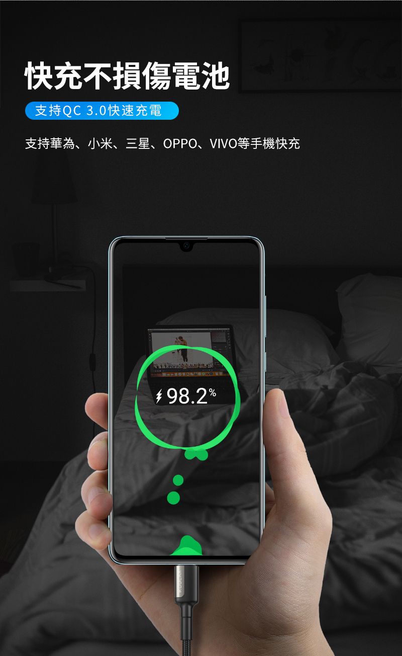 快充不損傷電池支持QC3.0快速充電支持華為、小米、三星、OPPO、VIVO等手機快充98.2%