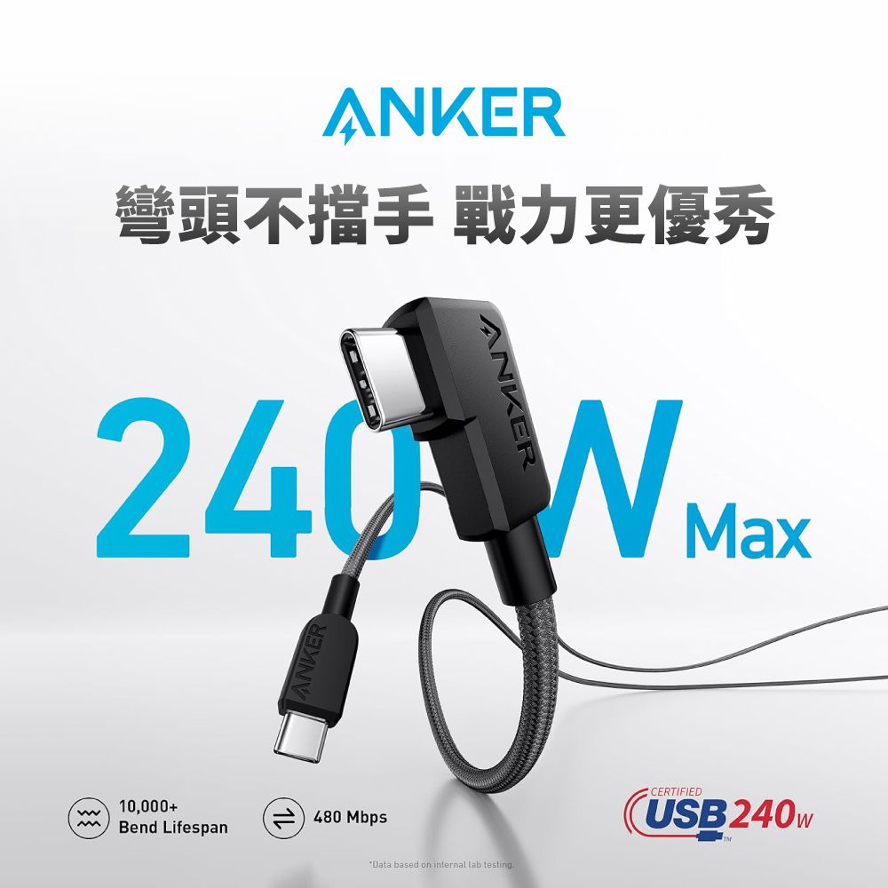 ANKER彎頭不手 戰力更優秀  MaxM10,000+Bend Lifespan480 MbpsData based on internal lab testingCERTIFIEDUSB240W