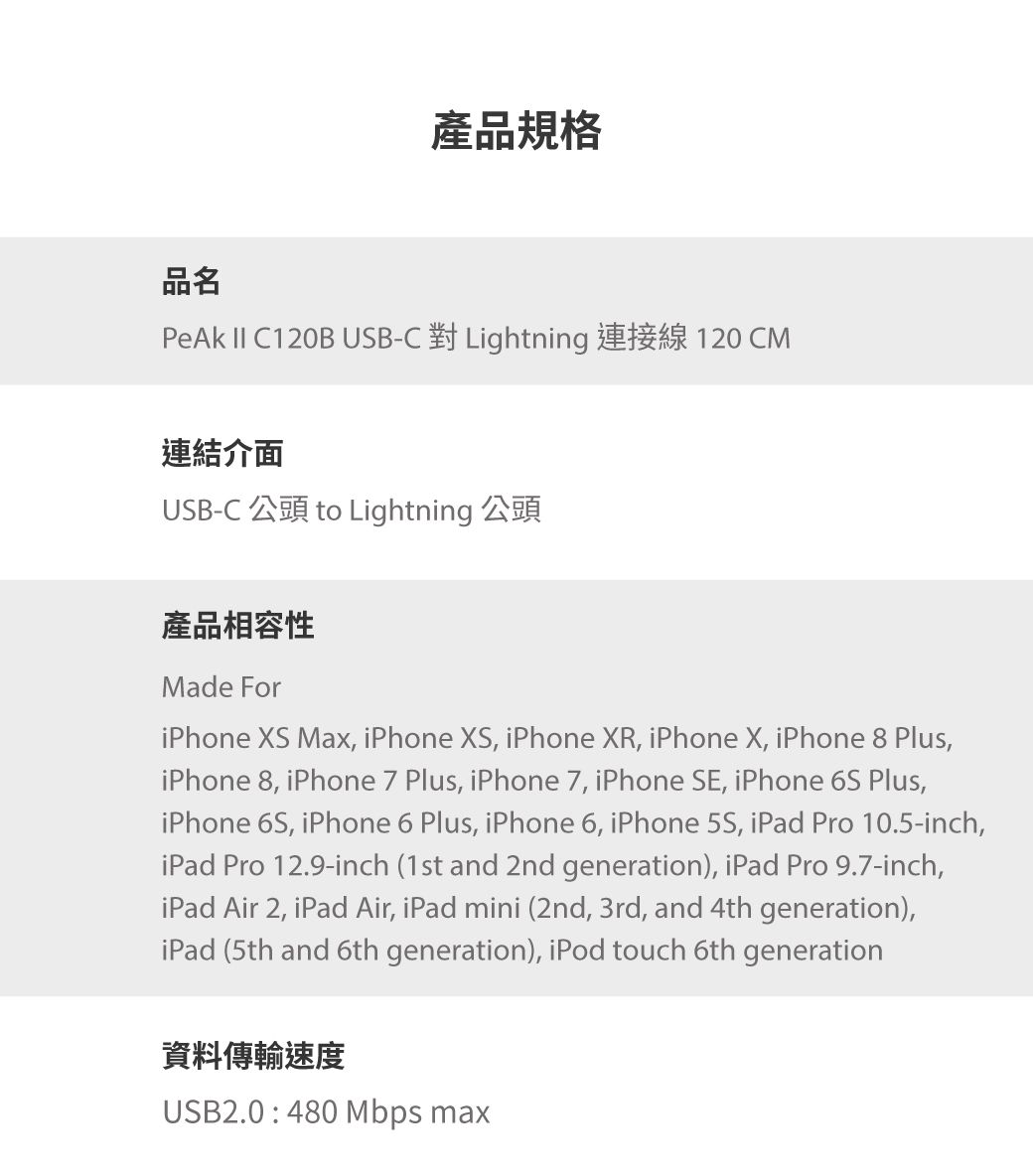 產品規格品名  CB USB-C Lightning 120 CM連結介面USB-C 公頭 to Lightning 公頭產品相容性Made ForiPhone XS Max, iPhone XS, iPhone XR, iPhone X, iPhone 8 Plus,iPhone 8, iPhone 7 Plus, iPhone 7, iPhone SE, iPhone 6S Plus,iPhone 6S, iPhone 6 Plus, iPhone 6, iPhone 5S,  Pro 10.5-inch,iPad Pro 12.9-inch (1st and 2nd generation), iPad Pro 9.7-inch,iPad Air 2, iPad Air, iPad mini (2nd, 3rd, and 4th generation),iPad (5th and 6th generation), iPod touch 6th generation資料傳輸速度USB2.0 480 Mbps max