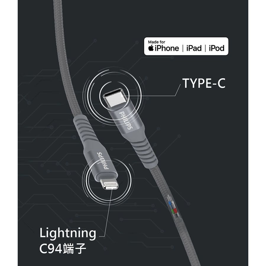 Apple 蘋果 原廠認證MFIPHILIPS 飛利浦 Type-C to Lightning 1M手機充電線 DLC4531V