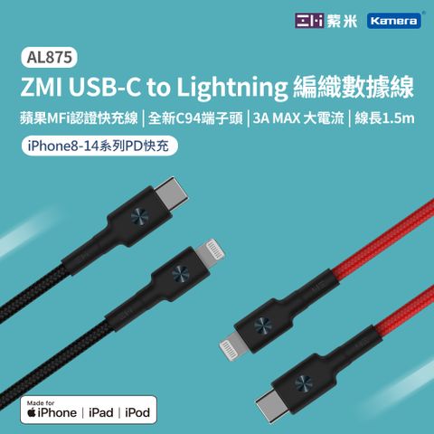 MFi 蘋果原裝C94頭 iPhone 8-14 Pro MAX PD快充ZMI 紫米 Type USB-C 對 Lightning 編織 電源連接線 150cm AL875