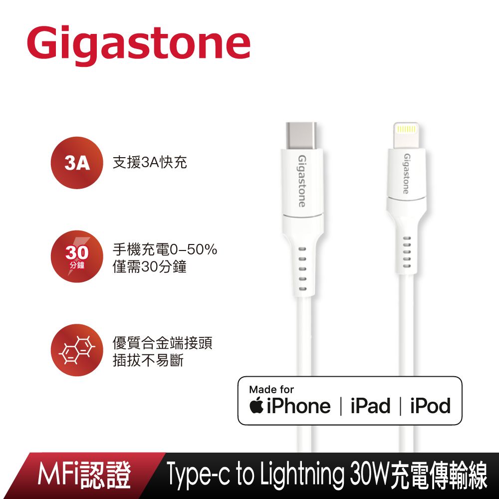 Gigastone 立達  Type-C to Lightning充電傳輸線 CL-7600W (支援iPhone 14/13/12/11快速充電)