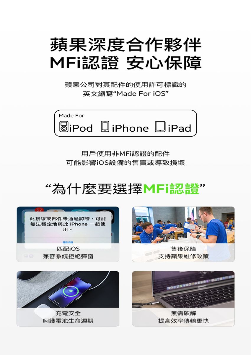 蘋果深度合作夥伴MFi認證 安心保障蘋果公司對其配件的使用許可標識的英文縮寫“Made For ”Made ForiPod iPhone  iPad用戶使用非MFi認證的配件可能影響iOS設備的售賣或導致損壞“為什麼要選擇MFi認證”57此接線或部件未通過認證,可能無法穩定地與此 iPhone 一起使用。匹配iOS兼容系統拒絕彈窗充電安全呵護電池生命週期售後保障支持蘋果維修政策無需破解提高效率傳輸更快