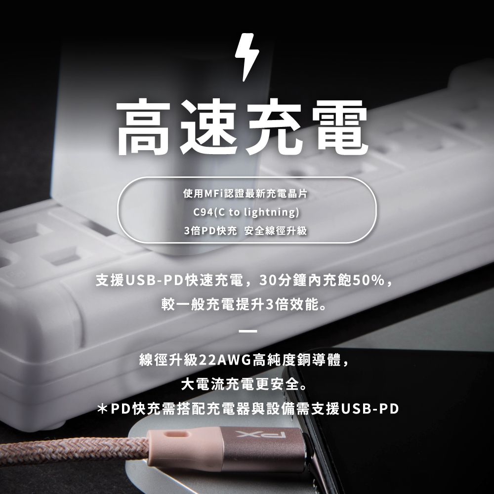 高速充電使用MFi認證最新充電晶片C94(C to lightning)3倍PD快充 安全線徑升級支援USB-PD快速充電,30分鐘內充飽50%,較一般充電提升3倍效能。線徑升級22AWG高純度銅導體,大電流充電更安全。*PD快充需搭配充電器與設備需支援USB-PD