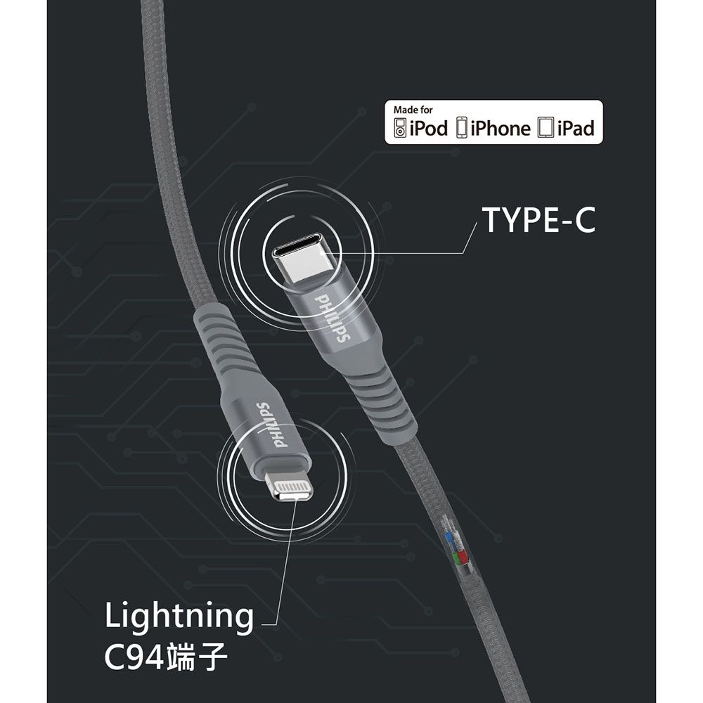 PHILIPS 飛利浦 Apple原廠認證MFI  Type-C to Lightning 2M手機充電線 DLC4561V