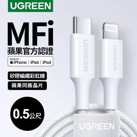綠聯 USB-C to Lightning充電線/傳輸線MFi彩虹編織版 雲朵白(0.5公尺)