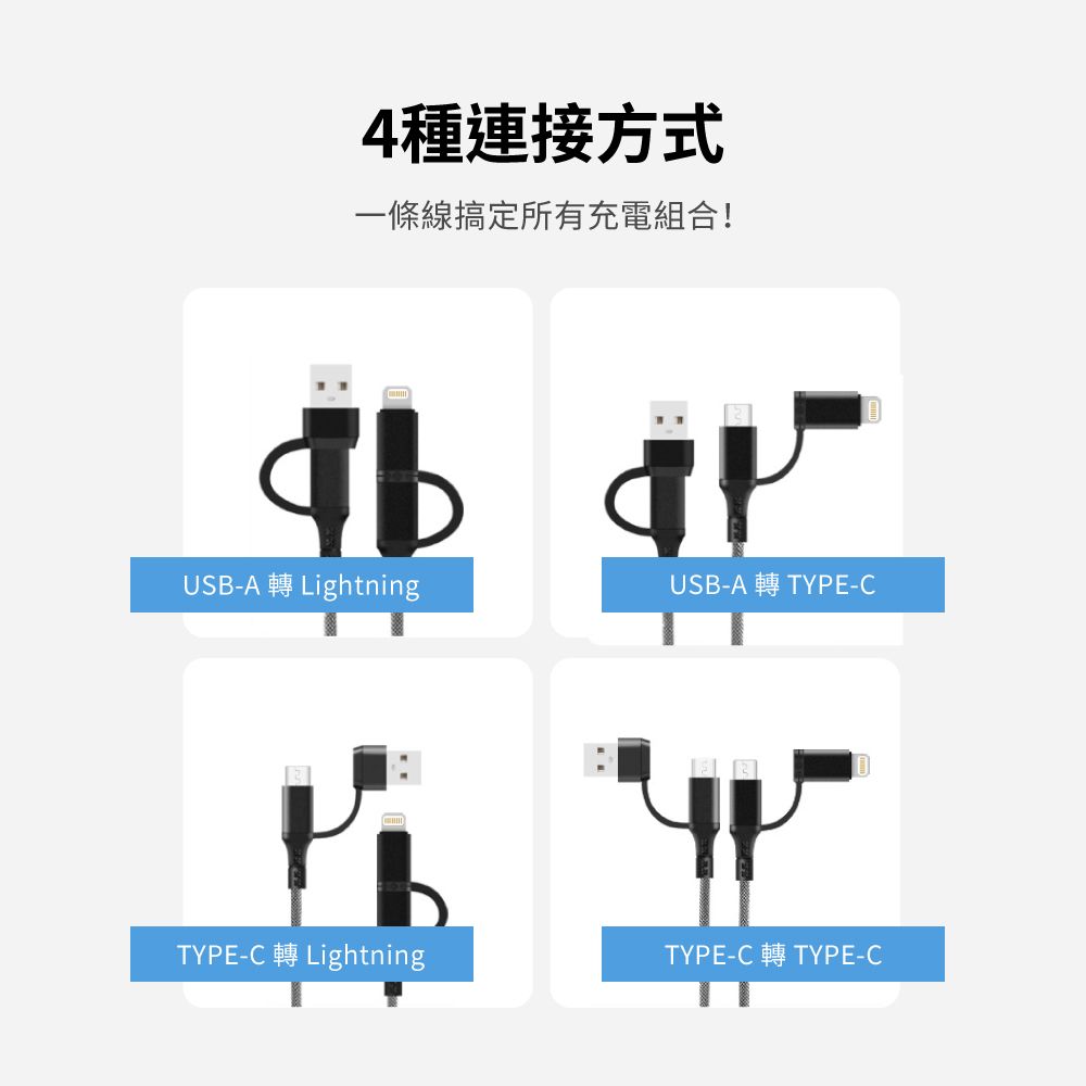 4種連接方式一條線搞定所有充電組合!bUSB-A 轉 LightningUSB-A 轉 TYPE-CTYPE-C LightningTYPE-C 轉 TYPE-C