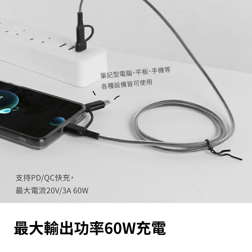 支持PD/QC快充,最大電流20V/3A 60W筆記型電腦、平板、手機等各種設備皆可使用最大輸出功率60W充電