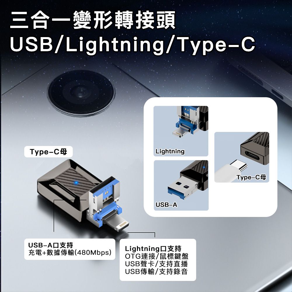 MoZuo 魔宙 三合一Type-C/Lightning/USB 快充/傳輸多功能變形轉接頭 - PChome 24h購物