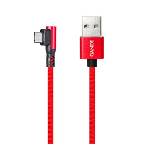 KINYO 1M_MicroUSB90度鋁合金彎頭布編織線_紅 USB-B13