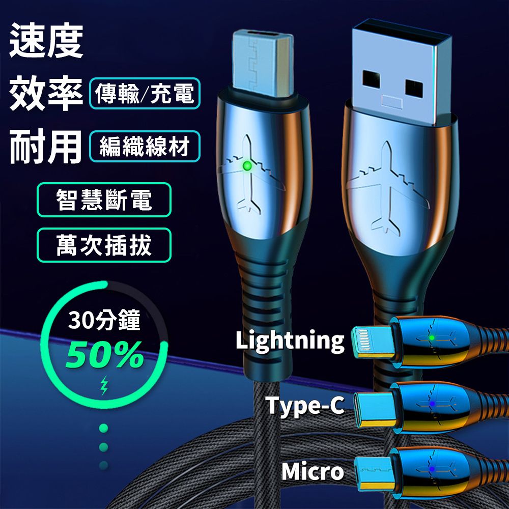  智慧發光充電線 黑色 200cm Micro USB 傳輸線 飛機款