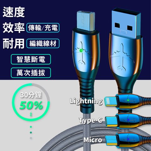 智慧發光充電線 銀色 100cm Micro USB 傳輸線 飛機款